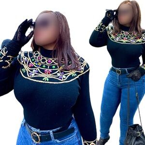 Carlisle Sport Vintage Lambswool Beaded Black Gold Jumper Sweater